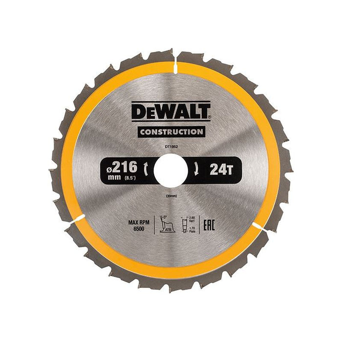 Dewalt Power Tools Stationary Construction Circular Saw Blade 216 x 30mm x 24T ATB/Neg DeWALT Power Tools - Town Tools