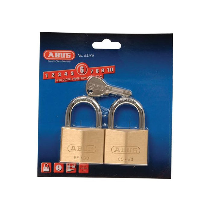 Abus Mechanical 65/50mm Brass Padlock Twin Pack Carded ABUS Mechanical - Town Tools