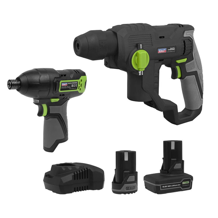 2 x SV10.8 Series Cordless Rotary Hammer Drill & Impact Driver Kit 10.8V 2 Sealey - Town Tools 