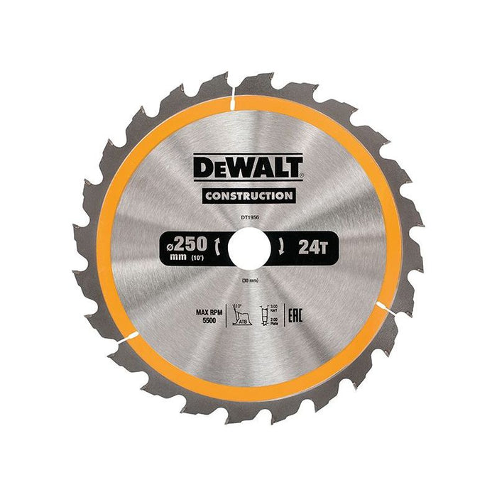 Dewalt Power Tools Stationary Construction Circular Saw Blade 250 x 30mm x 24T DeWALT Power Tools - Town Tools