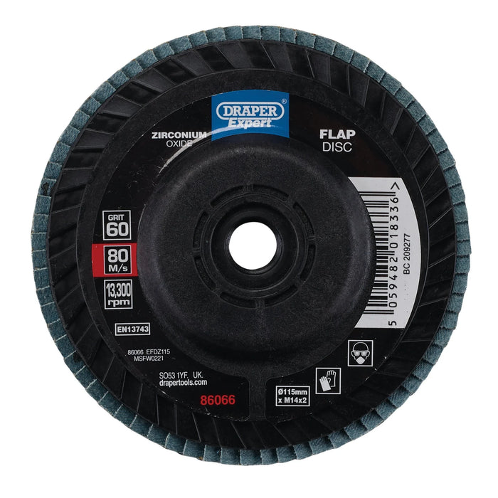 Draper Expert Zirconium Oxide Flap Disc, 115mm, M14, 60 Grit - EFDZ115