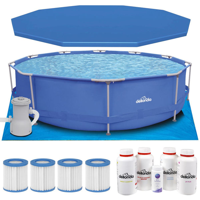 Dellonda Steel Frame Round Swimming Pool & Filter Pump with Cover  12ft - Blue