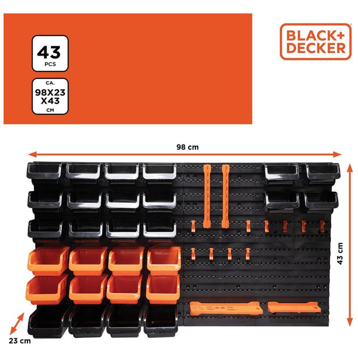 Black+Decker Tool Board With Storage Bins And Hooks 98 X 23 X 43Cm 43 Pieces Tool Wall Organizer Black+Decker - Town Tools 