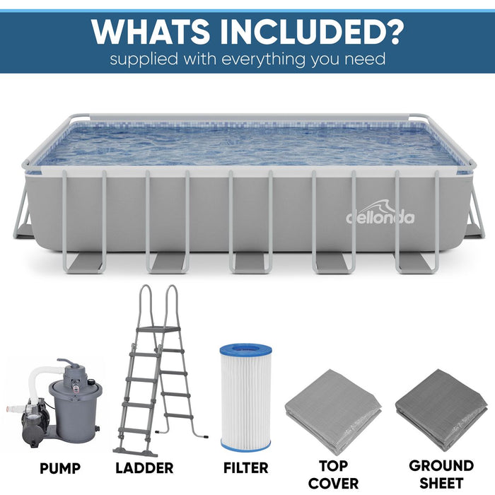 Dellonda Steel Frame Rectangular Swimming Pool - Step Ladder & Filter Pump 21ft