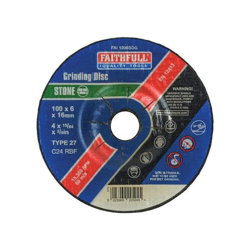 Faithfull Depressed Centre Stone Grinding Disc 100 x 6 x 16mm Faithfull - Town Tools