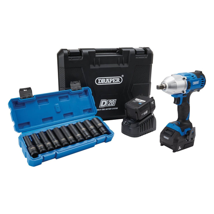 Draper D20 20V Brushless Mid-Torque Impact Wrench Kit, 1/2" Sq. Dr. & Metric Dee Draper - Town Tools 