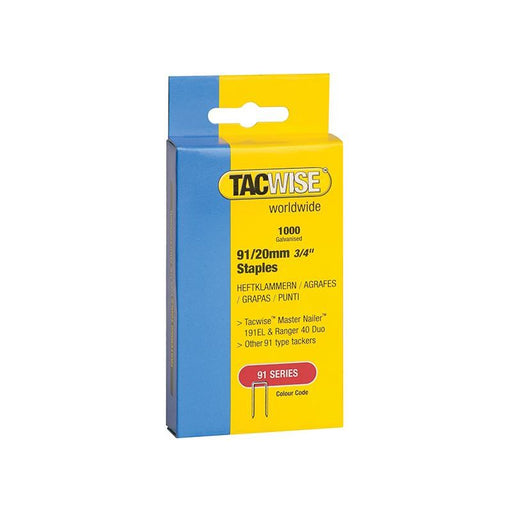 Tacwise 91 Narrow Crown Staples 20mm - Electric Tackers (Pack 1000) Tacwise - Town Tools