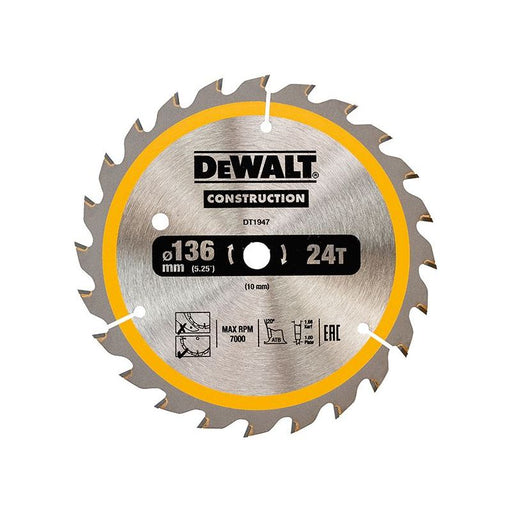 Dewalt Power Tools Cordless Construction Trim Saw Blade 136 x 10mm x 24T DeWALT Power Tools - Town Tools