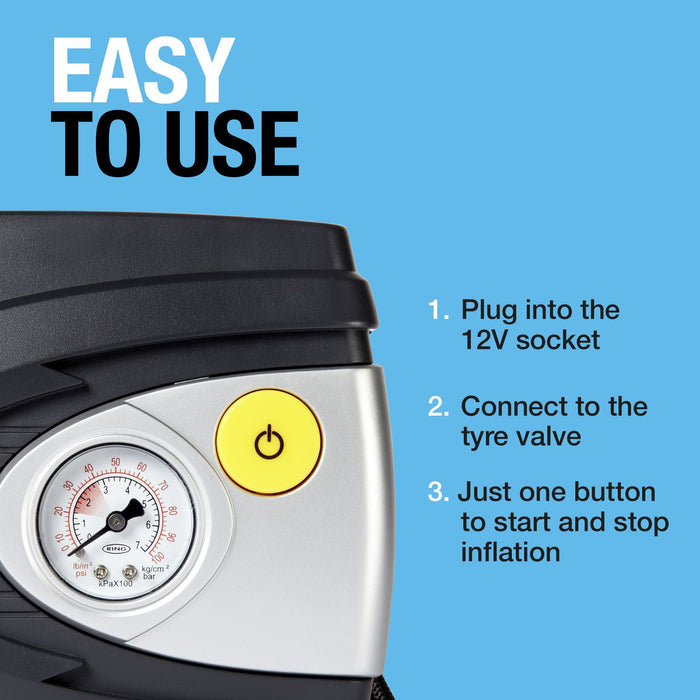 Ring RAC610 12V Analogue Air Compressor Wheel Tyre Inflator Pump Psi & Bar