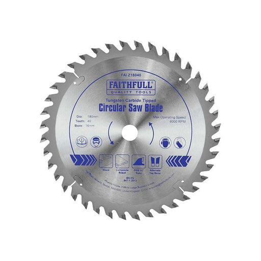 Faithfull TCT Circular Saw Blade 180 x 16mm x 40T POS Faithfull - Town Tools