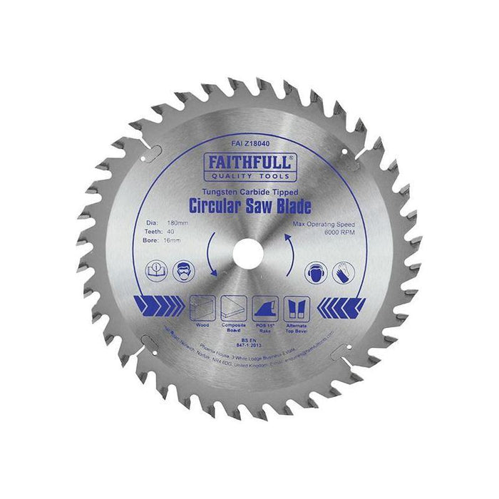Faithfull TCT Circular Saw Blade 180 x 16mm x 40T POS Faithfull - Town Tools