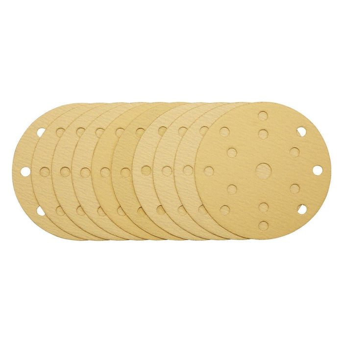 Gold Sanding Discs with Hook & Loop, 150mm, 120 Grit, 15 Dust Extraction Holes (Pack of 10) Draper - Town Tools