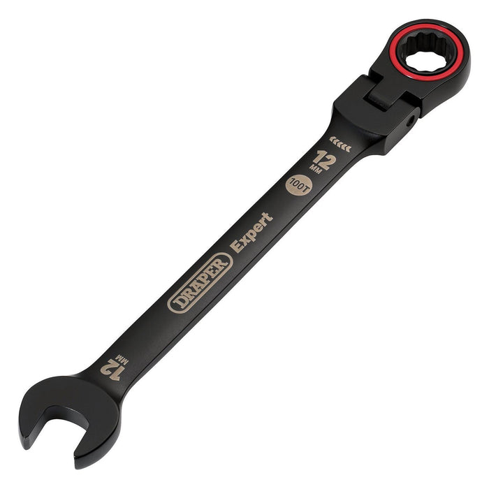 Draper Expert HI-TORQ Metric Flexible Head Ratchet Combination Spanner, 12mm, Black Draper - Town Tools