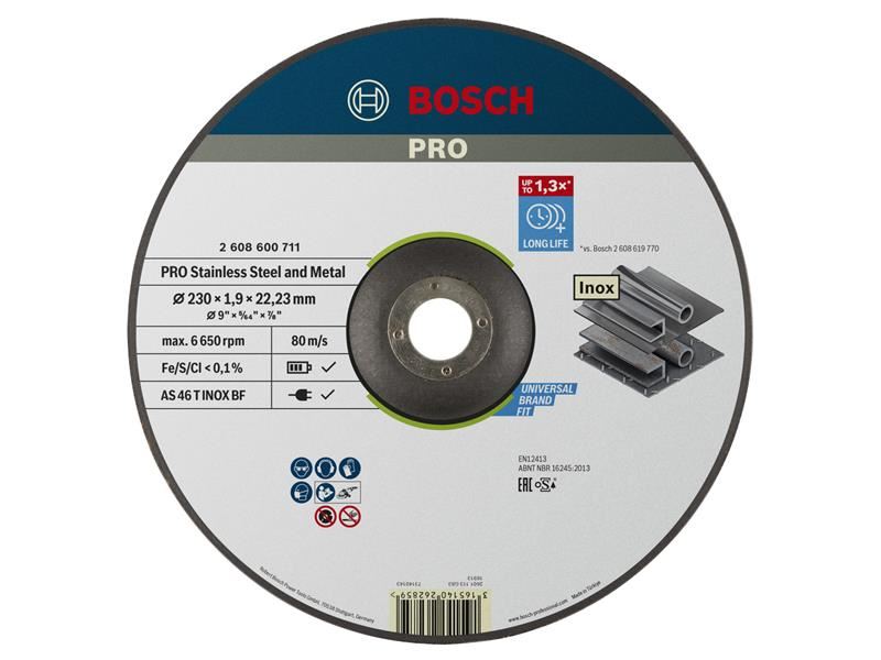 Bosch Powertool Accessories PRO Stainless Steel & Metal Bonded Cutting Disc, Depressed Centre 230 x 22.23mm Bosch Powertool Accessories - Town Tools