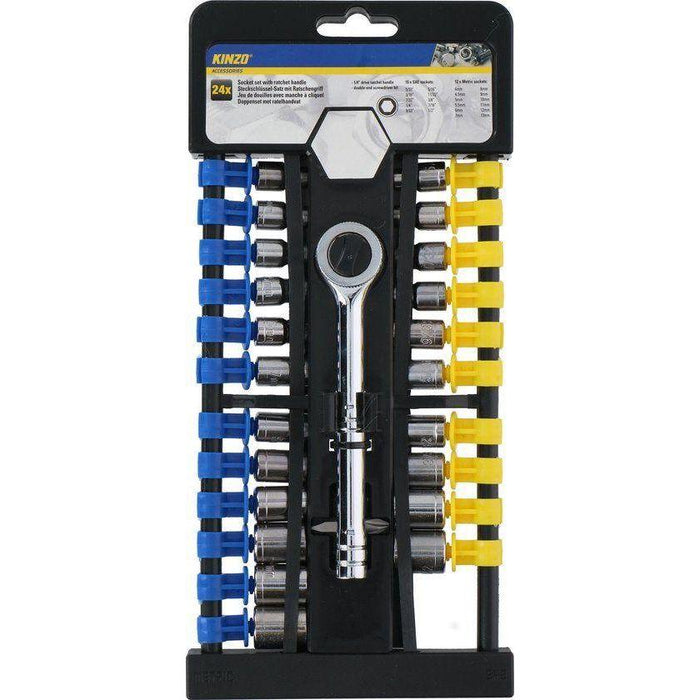 24pc 1/4'' Socket Wrench Kit Set with Ratchet Bit Mertic SAE Handle DIY Steel Town Tools - Town Tools