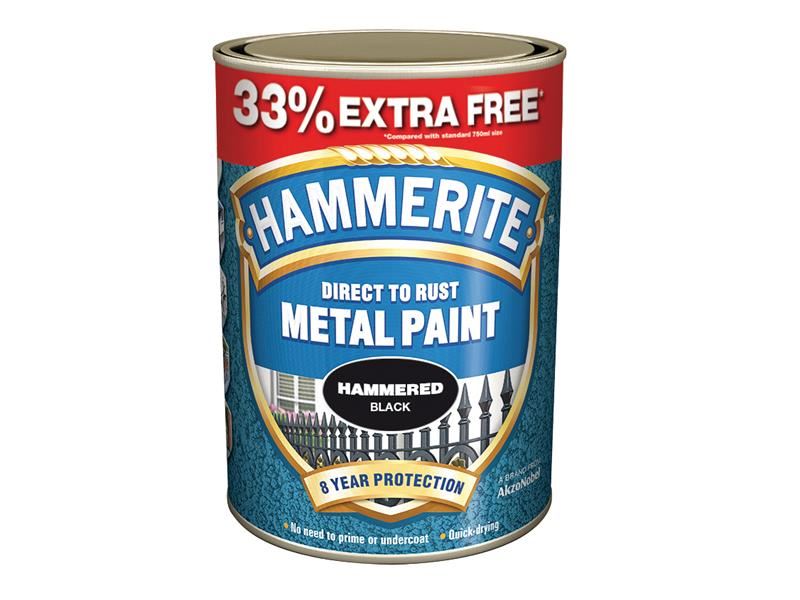 Hammerite Direct to Rust Hammered Finish Metal Paint Black 750ml + 33% Hammerite - Town Tools