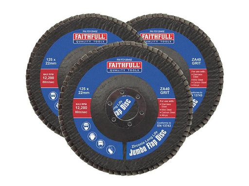 Faithfull Zirconia Abrasive Jumbo Flap Disc 125 x 22mm 40 Grit (3 Pack) Faithfull - Town Tools