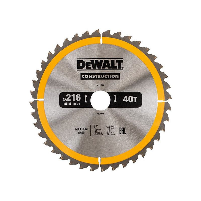 Dewalt Power Tools Stationary Construction Circular Saw Blade 216 x 30mm x 40T ATB/Neg DeWALT Power Tools - Town Tools