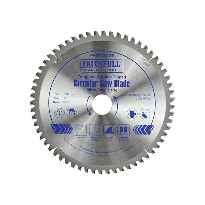 Faithfull TCT Cross Cut Mitre Saw Blade 216 x 30mm x 60T NEG Faithfull - Town Tools