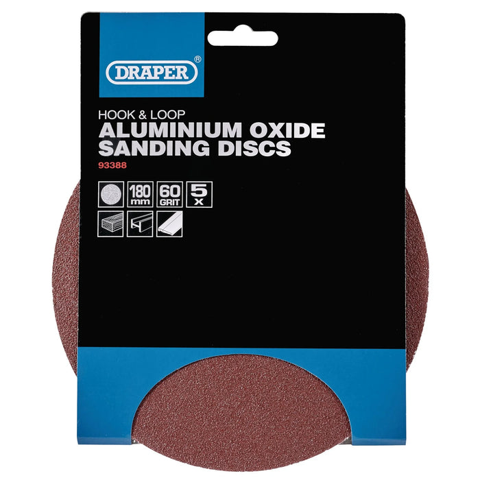 Draper Hook and Loop Aluminium Oxide Sanding Discs, 180mm, 60 Grit (Pack of 5)