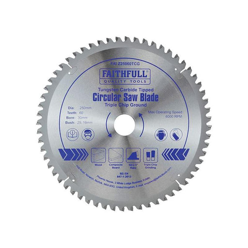 Faithfull TCT Circular Saw Blade Triple Chip Ground 250 x 30mm x 60T NEG Faithfull - Town Tools