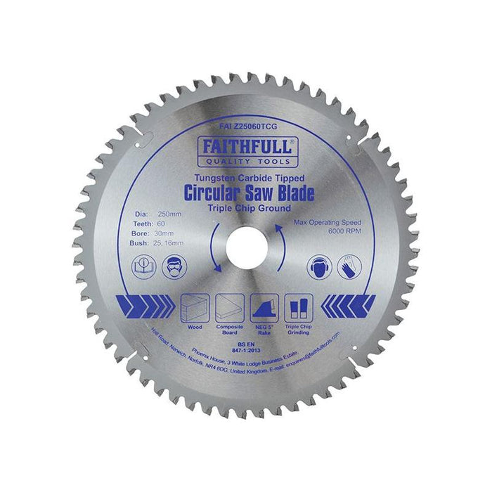 Faithfull TCT Circular Saw Blade Triple Chip Ground 250 x 30mm x 60T NEG Faithfull - Town Tools
