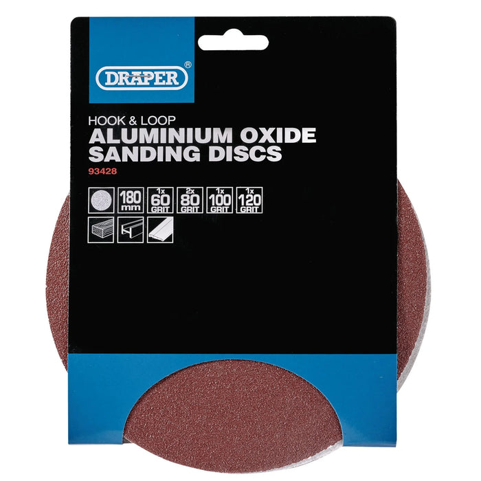 Draper Hook and Loop Aluminium Oxide Sanding Discs, 180mm, Assorted Grit (Pack