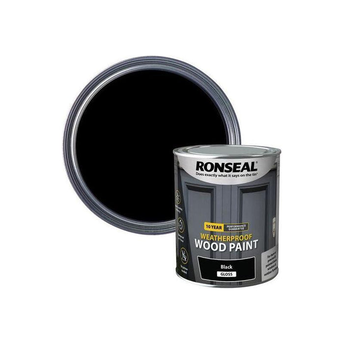 Ronseal 10 Year Weatherproof Wood Paint Black Gloss 750ml Ronseal - Town Tools
