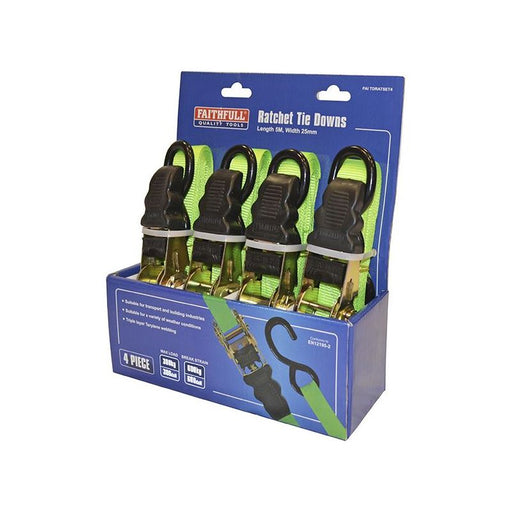Faithfull Ratchet Tie-Downs 5m x 25mm Green 4 Piece Faithfull - Town Tools