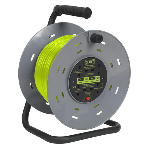 Sealey 50m Cable Reel with Thermal Trip 4 x 230V - Hi-Vis Green BCR50G Sealey - Town Tools 