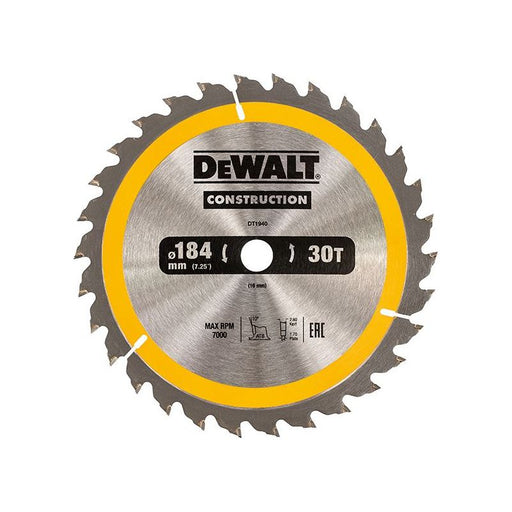 Dewalt Power Tools Portable Construction Circular Saw Blade 184 x 16mm x 30T DeWALT Power Tools - Town Tools