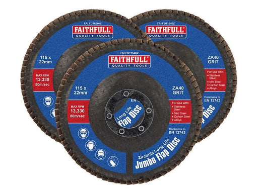 Faithfull Zirconia Abrasive Jumbo Flap Disc 115 x 22mm 40 Grit (3 Pack) Faithfull - Town Tools