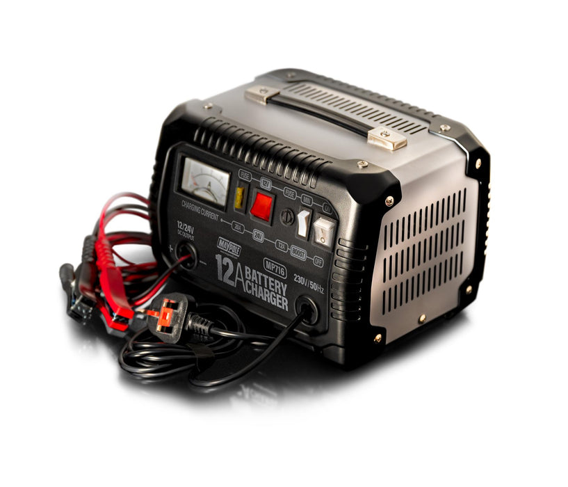 New Maypole MP716 12A Metal Battery Charger 12/24V Fast/Boost Mode Robust Steel
