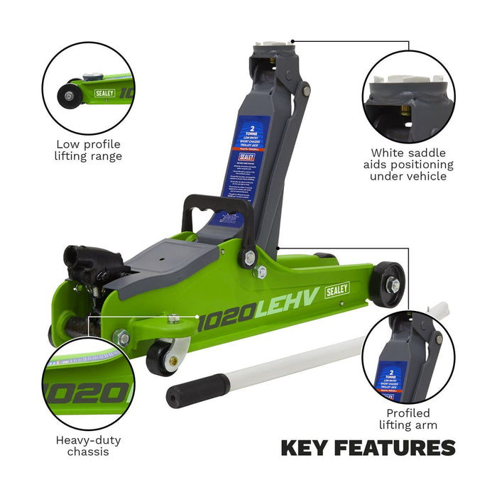 Sealey Low Profile Short Chassis Trolley Jack 2 Tonne - Green 1020LEHV Sealey - Town Tools 