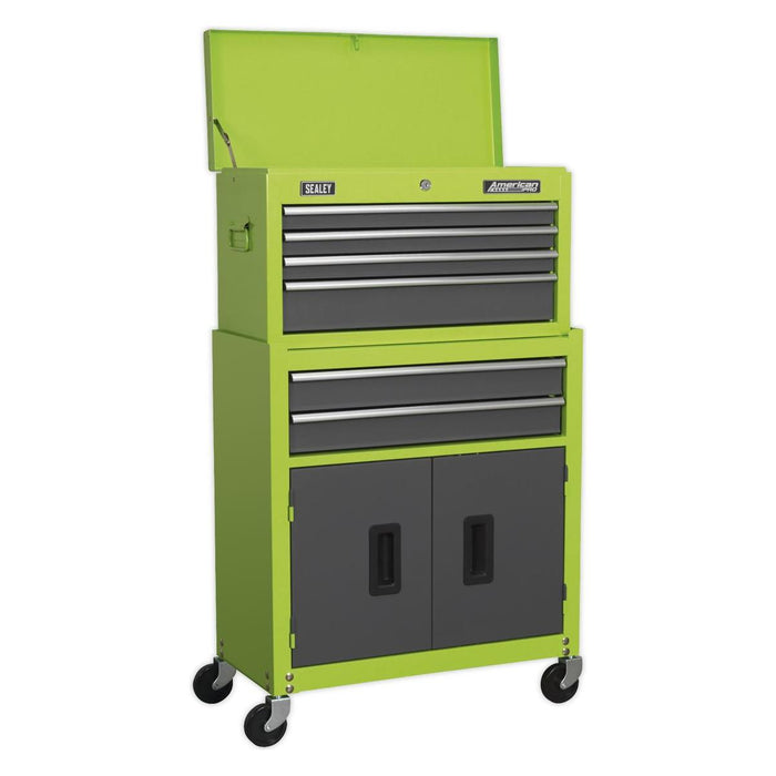 Sealey Topchest Mid-Box & Rollcab 9 Drawer Stack Hi-Vis Green AP2200BBHVSTACK Sealey - Town Tools 