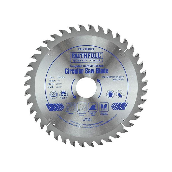 Faithfull TCT Circular Saw Blade 180 x 30mm x 40T POS Faithfull - Town Tools
