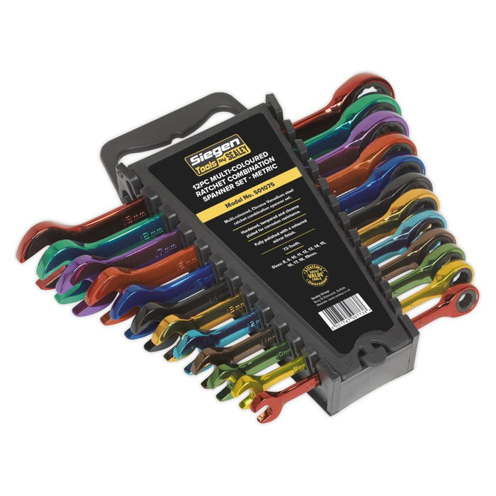 Sealey Ratchet Combination Spanner Set 12pc Multi-Coloured Metric S01075 Siegen by Sealey - Town Tools 