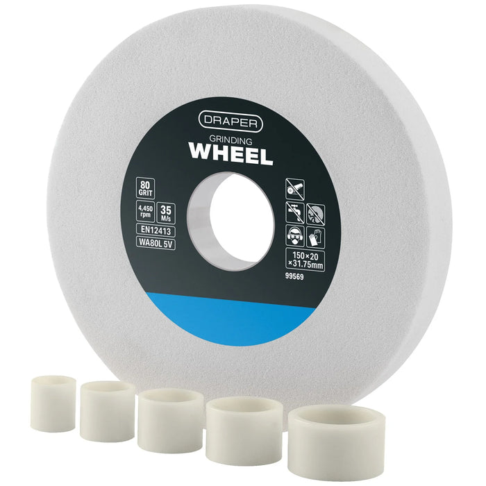 Draper Aluminium Oxide Bench Grinding Wheel, 150 x 20mm, 80 Grit, White
