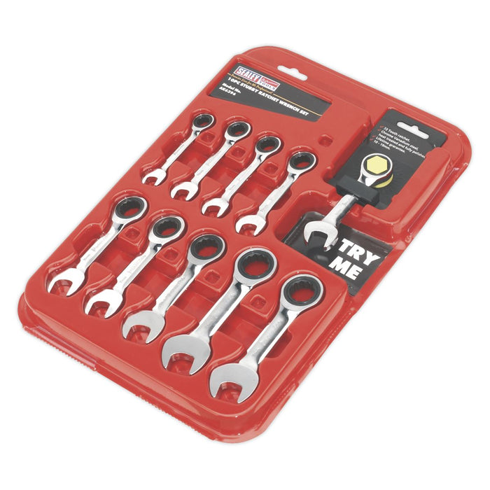 Sealey Combination Ratchet Spanner Set 10pc Stubby Metric AK6396 Sealey - Town Tools 