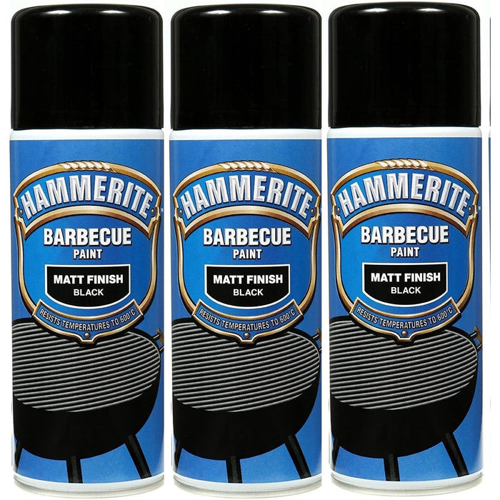 3x Hammerite BBQ Barbecue Spray Paint Aerosol 400ml Hi-Heat Matt Black