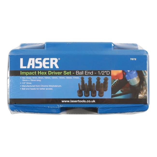 Laser Ball End Impact Hex Socket Bit Set 1/2"D 8pc 7672