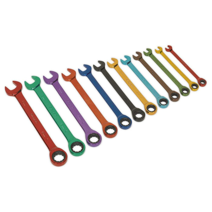 Sealey Ratchet Combination Spanner Set 12pc Multi-Coloured Metric S01075 Siegen by Sealey - Town Tools 