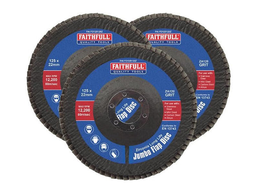 Faithfull Zirconia Abrasive Jumbo Flap Disc 125 x 22mm 120 Grit (3 Pack) Faithfull - Town Tools