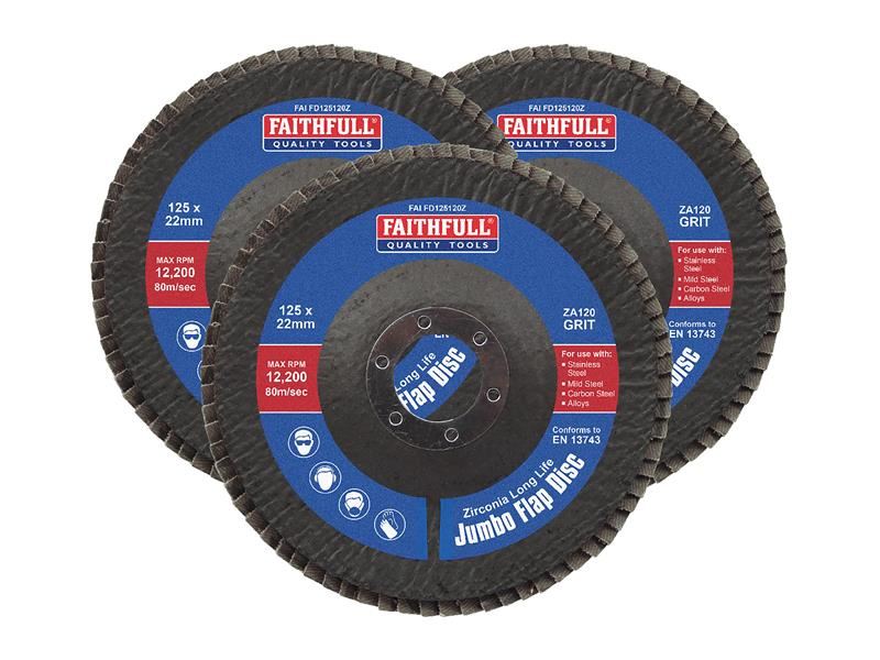 Faithfull Zirconia Abrasive Jumbo Flap Disc 125 x 22mm 120 Grit (3 Pack) Faithfull - Town Tools