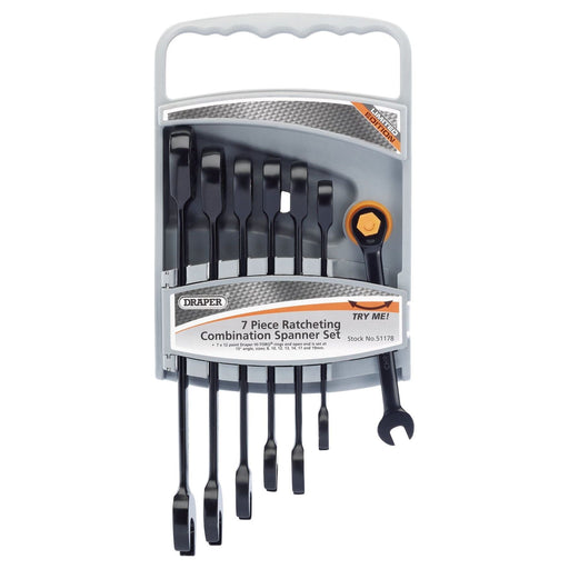 Draper HI-TORQ Metric Ratcheting Combination Spanner Set, Black (7 Piece) Draper - Town Tools 