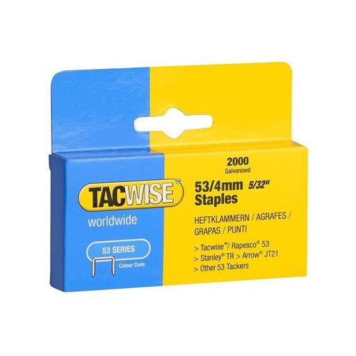 Tacwise 53 Light-Duty Staples 4mm (Type JT21 A) (Pack 2000) Tacwise - Town Tools