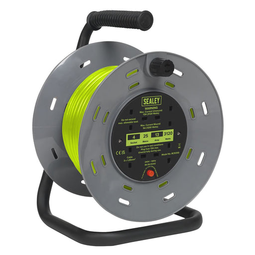 Sealey 25m Cable Reel with Thermal Trip 4 x 230V - Hi-Vis Green BCR25G Sealey - Town Tools 