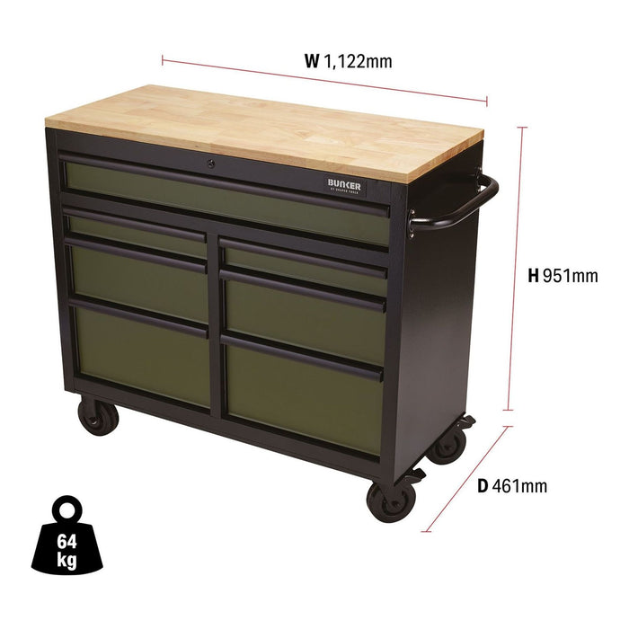 Draper BUNKER Workbench Roller Tool Cabinet, 7 Drawer, 41", Green 08221