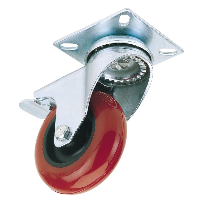 Draper Swivel Plate Fixing Polyurethane Wheel with Brake, 75mm Diameter, S.W.L. Draper - Town Tools 