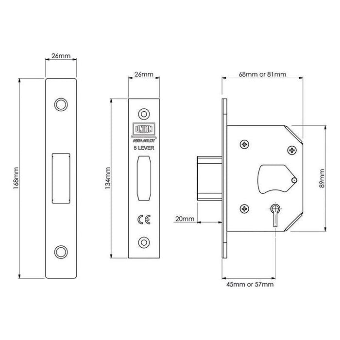 Union StrongBOLT 2105S Polished Brass 5 Lever Mortice Deadlock Visi 81mm 3in UNION - Town Tools